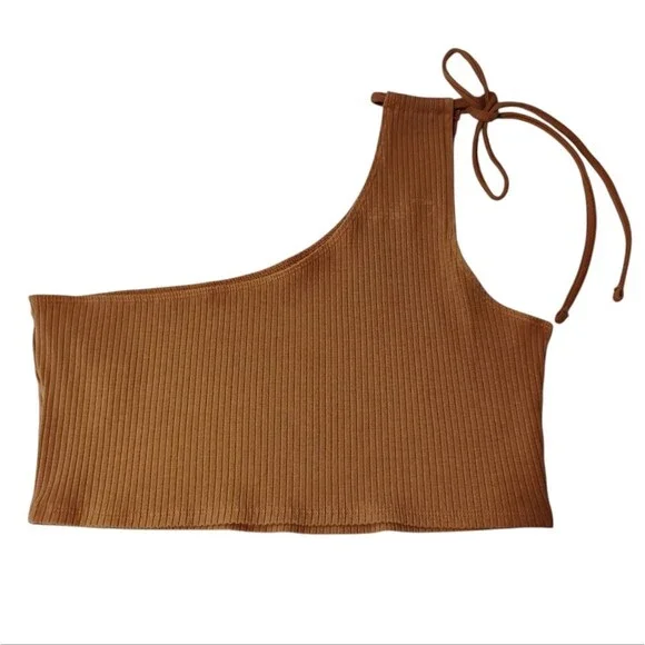 Aerie Tank Top Women's Cropped One Shoulder Tie Ribbed Playful Boho Beige XL - Picture 7 of 9